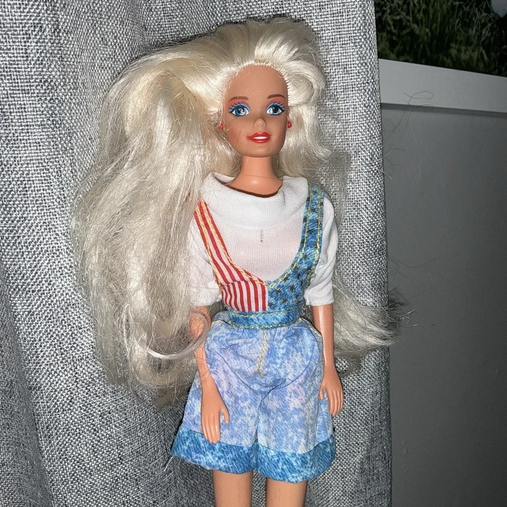 Vintage 90s Barbie Doll Acid Wash Denim Overalls Red White Blue American Flag